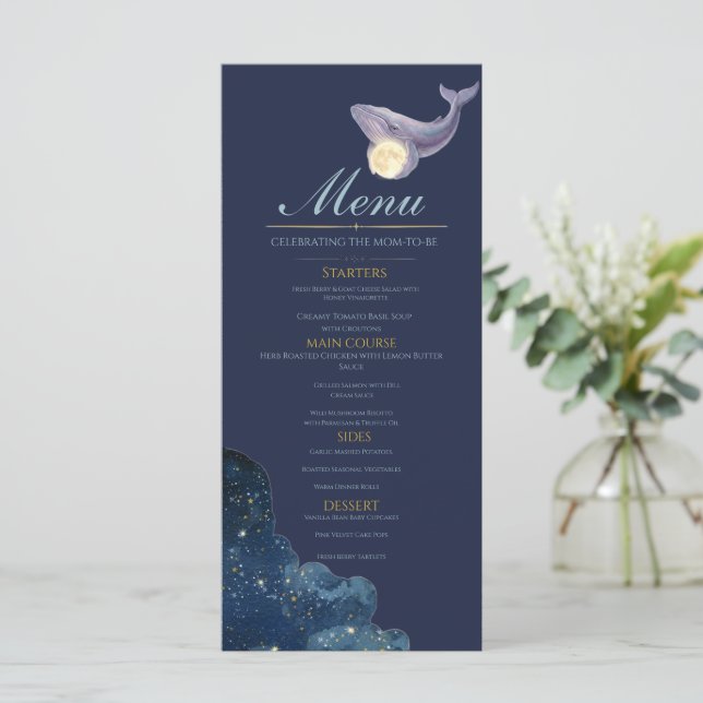 Cartão de Menu de Chá de Bebê Lua Celestial | Bale (Em pé/Frente)
