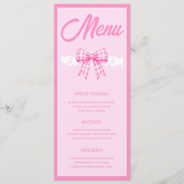 Cartão de Menu de Chá de Bebê Menina com Laço Ging (Frente)