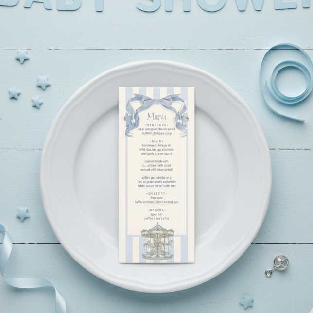 Cartão de Menu de Chá de Bebê Oh Boy Blue Bow Caro (Criador carregado)