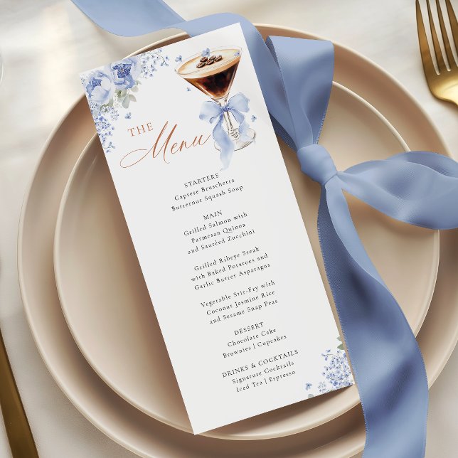 Cartão de Menu de Chá de Noiva Blue Bow Coffee (Criador carregado)