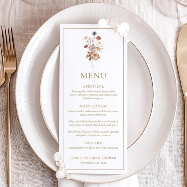 Cartão de Menu de Chá de Noiva com Flores Silvestr (Wildflower Bridal Shower Menu Card)