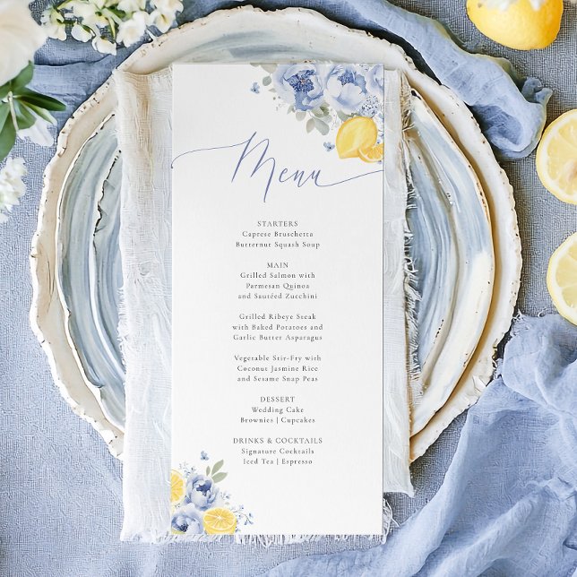 Cartão de Menu de Chá de Noiva Floral Azul Limão (Criador carregado)