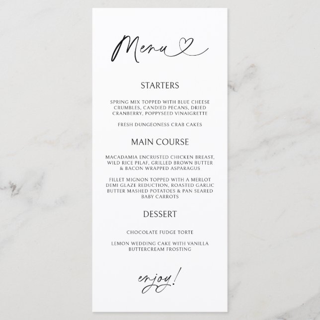 Cartão de Menu de Coração Mínimo Recepção Jantar F (Frente)