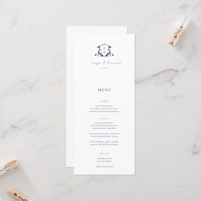 Cartão de Menu de Crista de Casamento com Vinhas A (Frente/Verso In Situ)