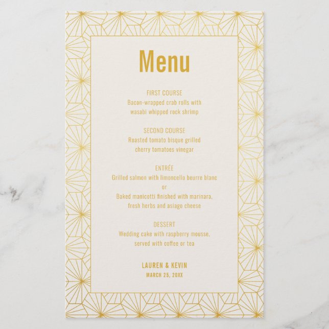 Cartão de menu de Deco Geométrico Dourado e Branco (Frente)