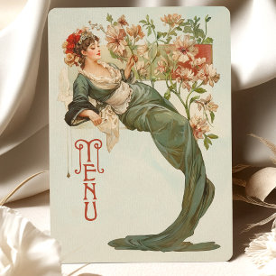 Cartão de Menu de Deusa Floral Art Nouveau