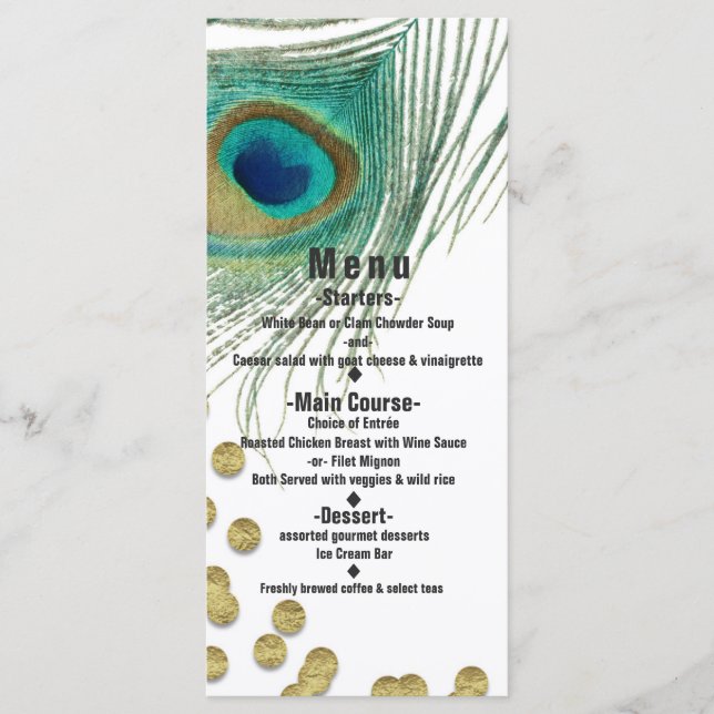 Cartão de Menu de Festa Boho Glam com Penas de Pav (Frente)