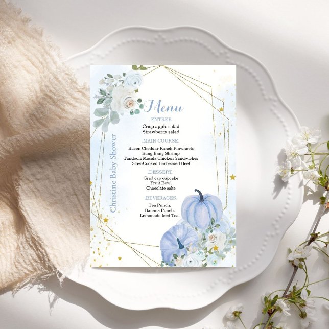 Cartão de Menu de Festa de Menino da Abóbora Azul (Criador carregado)