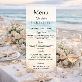 Cartão de menu de festa de praia para chá de noiva