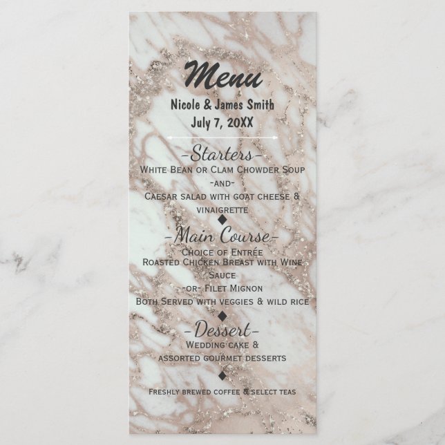 Cartão de Menu de Festa Rosa Glam Mármore Dourado  (Frente)