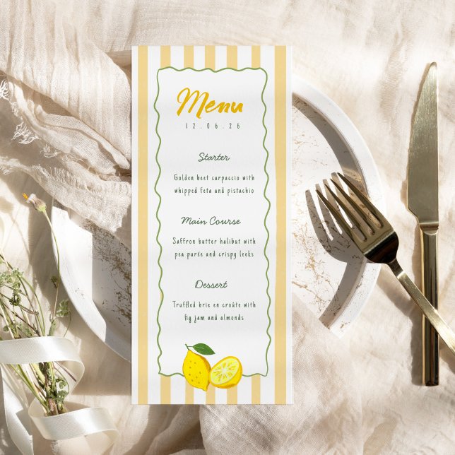 Cartão de Menu de Formatura de Limão Faixa Amarela (Lemon Graduation Menu Card Yellow Stripe Citrus)