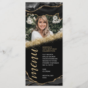 Cartão de Menu de Foto em Ágata Preta e Dourada