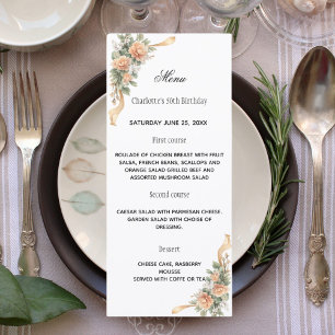 Cartão de menu de jantar com fita floral amarelo d