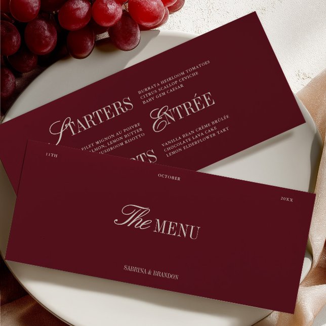 Cartão de Menu de Jantar de Casamento Burgundy e M (Elegant Burgundy & Ivory Wedding Dinner Menu Card)