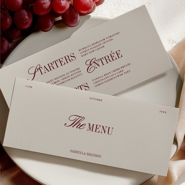 Cartão de Menu de Jantar de Casamento Burgundy e M (Elegant Burgundy & Ivory Wedding Dinner Menu Card)