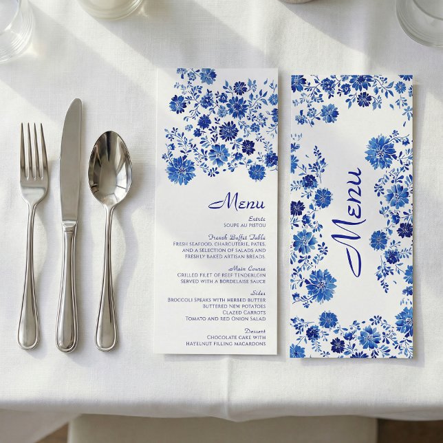 Cartão de Menu de Jantar de Casamento com Buquê Fl (Blue Floral Bouquet Wedding Dinner Menu Card.)