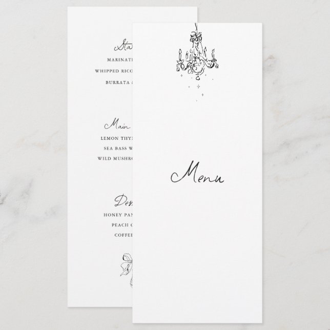 Cartão de Menu de Jantar de Casamento Desenhado à  (Frente/Verso)