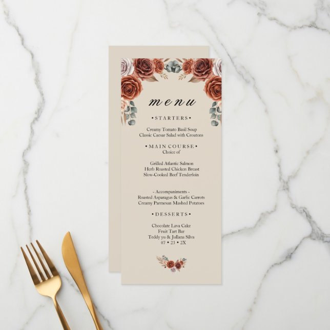 Cartão de Menu de Jantar de Casamento Rosa Laranja (Frente/Verso In Situ)