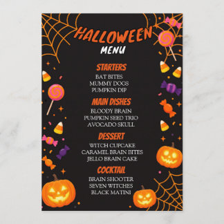 Cartão de Menu de Jantar de Halloween com Doces e