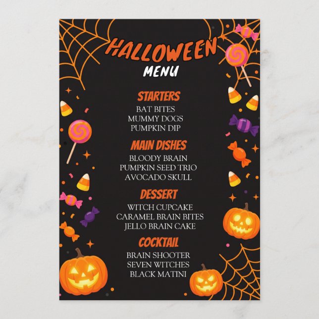 Cartão de Menu de Jantar de Halloween com Doces e  (Frente)