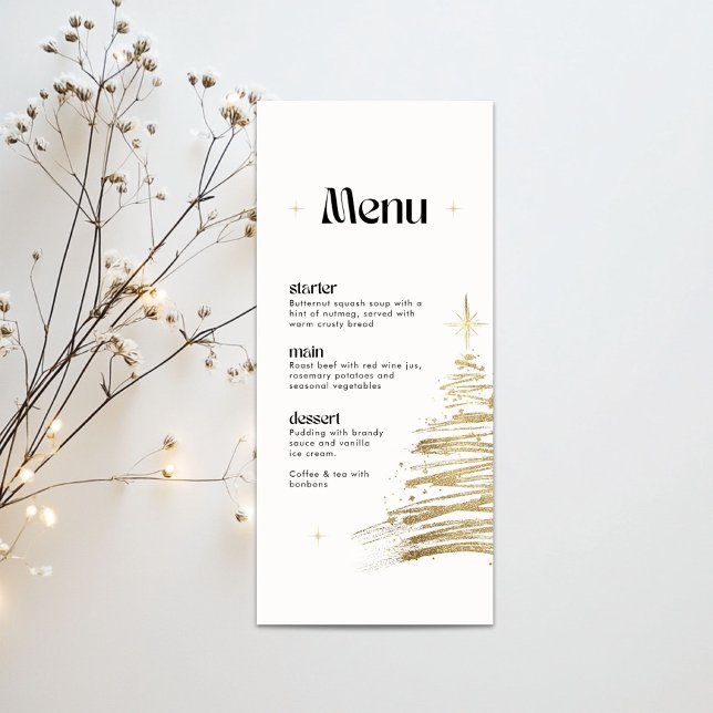Cartão de Menu de Jantar de Natal com Árvore Desen (Golden tree Holiday Christmas dinner menu)