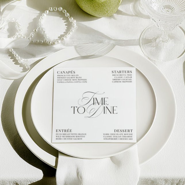 Cartão de Menu de Jantar de Noite de Casamento Pre (Elegant Black & White Wedding Dinner Menu Card)