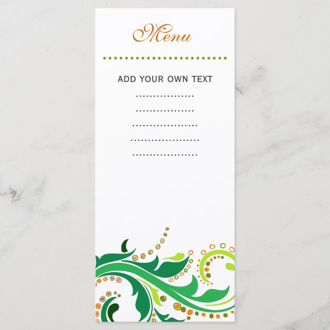 Cartão de menu de jantar, floral espiral (Frente)