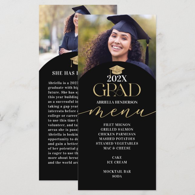 Cartão de Menu de Janto de Graduação Dourada (Frente/Verso)