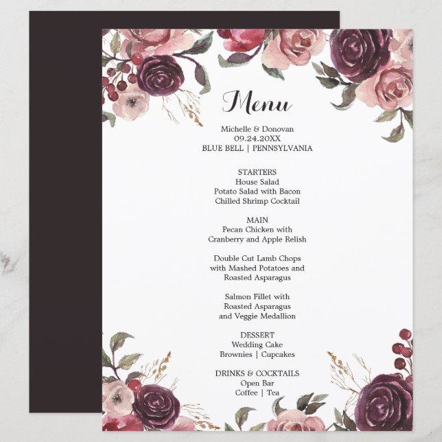 Cartão de Menu de Janto Floral Elegante Burgundy S (Frente/Verso)