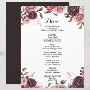 Cartão de Menu de Janto Floral Elegante Burgundy S