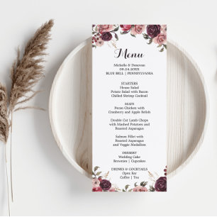 Cartão de Menu de Janto Floral Elegante Burgundy S