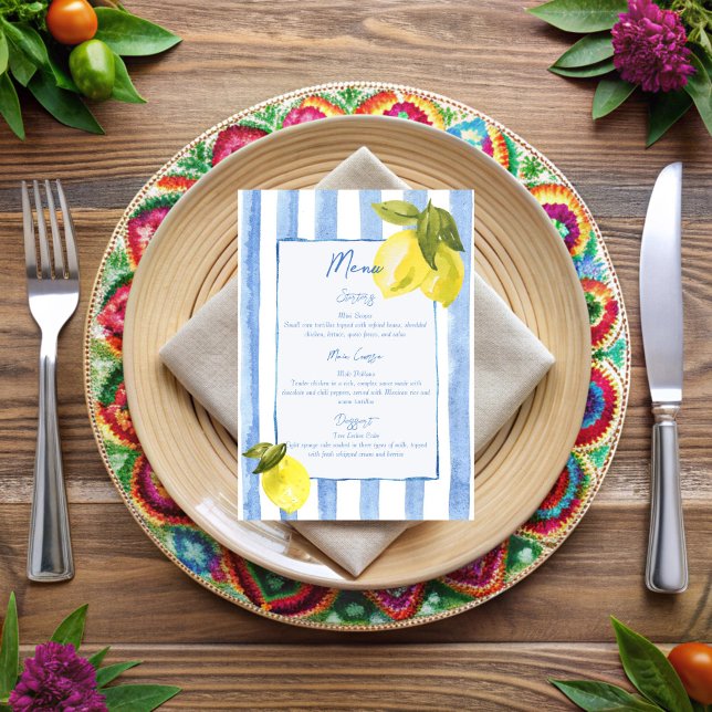 Cartão de menu de listras azul da Dolce Vita (La Dolce Vita blue stripes lemons menu cards Italian retro stripes personalized menu cards template)