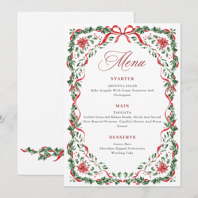 Cartão de Menu de Natal Imprimível com Laço Vermel (Frente/Verso)