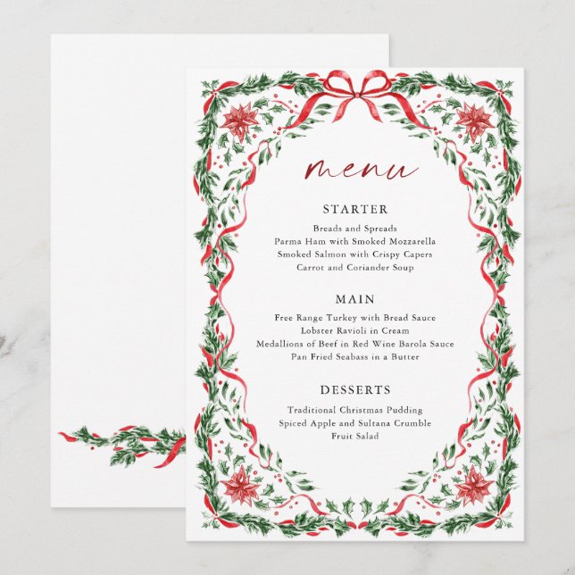 Cartão de Menu de Natal Imprimível com Laço Vermel (Frente/Verso)