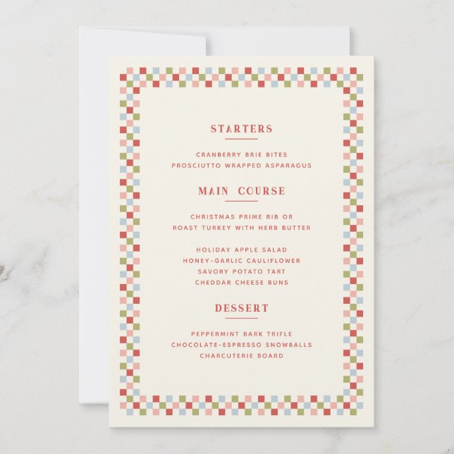 Cartão de Menu de Natal Xadrez de Férias - Vermelh (Frente)