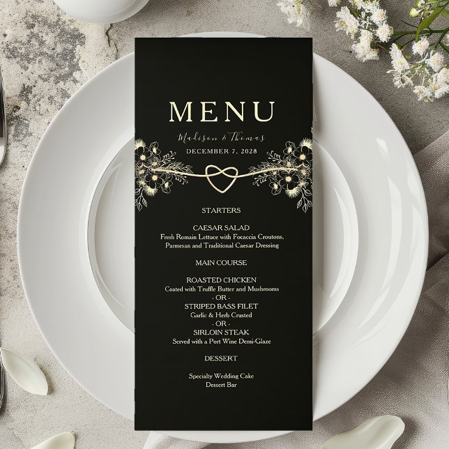 Cartão de Menu de Noiva Floral Ouro Preto (Criador carregado)