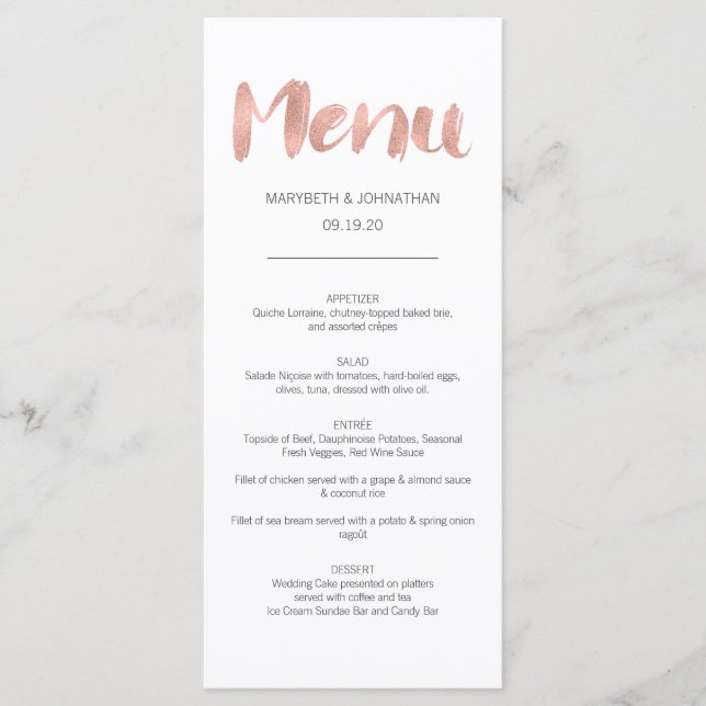 Cartão de Menu de Noivado Moderno em Dourado Rosa (Frente)