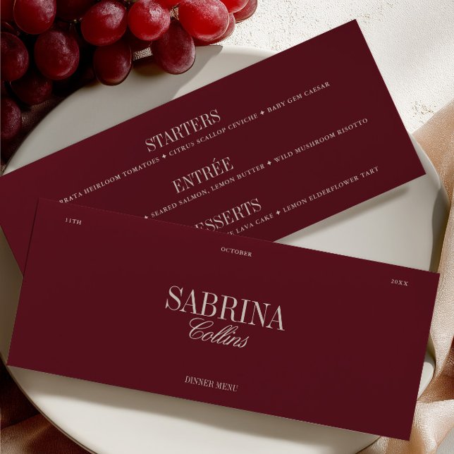 Cartão de Menu de Nome de Convidado Personalizado  (Elegant Burgundy Personalized Guest Name Wedding Menu)