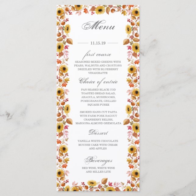 Cartão de menu de outono com girassóis em aquarela (Frente)