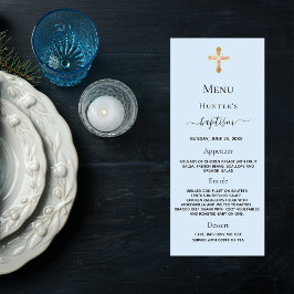 Cartão de menu de pastel azul de menino batismo