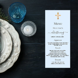 Cartão de menu de pastel azul de menino cristão