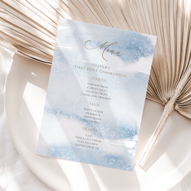 Cartão de Menu de Primeira Comunhão de Menino com  (Blue Watercolor Boy First Communion Menu Card)