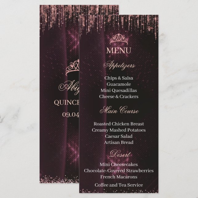 Cartão de Menu de Quinceañera Personalizado | QUIN (Frente/Verso)