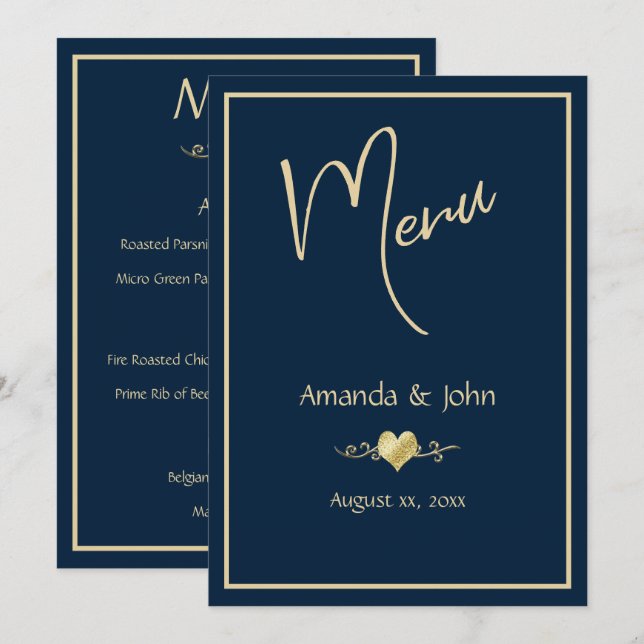 Cartão de Menu de Recepção de Casamento Clássico N (Frente/Verso)