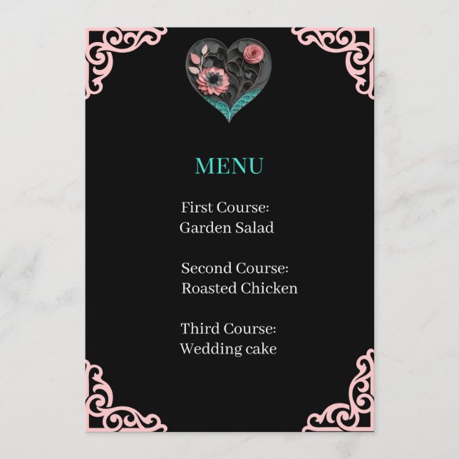 Cartão de Menu de Recepção de Casamento – Coração  (Frente)