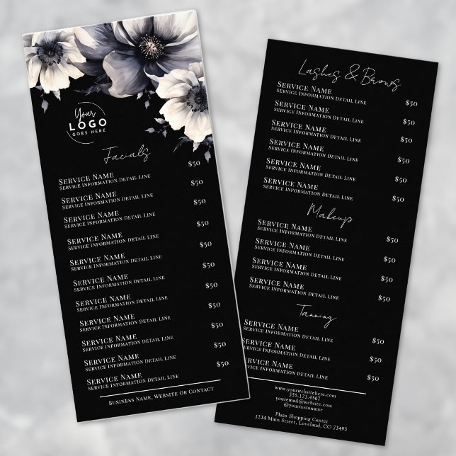 Cartão de Menu de Serviços de Spa Preto e Branco E (Elegant Black White Spa Services Menu Rack Card )
