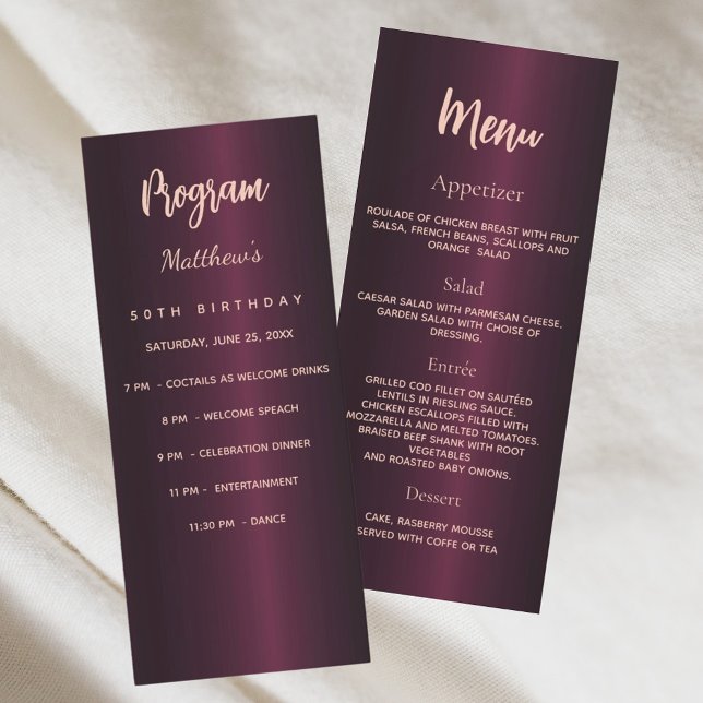 Cartão de menu do programa de aniversário Burgundy (Criador carregado)