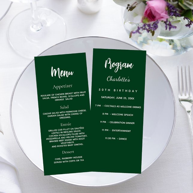 Cartão de menu do programa de aniversário verde Em (Criador carregado)