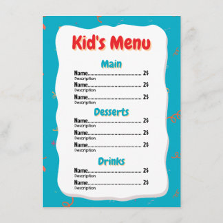 Cartão de menu do Restaurant Kid