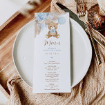 Cartão de Menu do Urso Dusty Blue Boho<br><div class="desc">Estes bonitos cartões de menu irão adicionar um toque perfeito à sua ocasião especial. O esquema de cores azul, castanho e bege torna este design perfeito para um chá de fraldas de menino. Personalize cada cartão com seus detalhes e, se quiser reorganizar o estilo e posicionamento do texto, pressione o...</div>